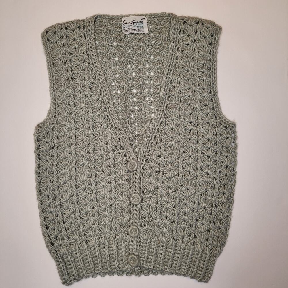 Vintage Small San Angelo Aldo Verdi Loose Knit Sweater Vest Gray Crochet 70s
